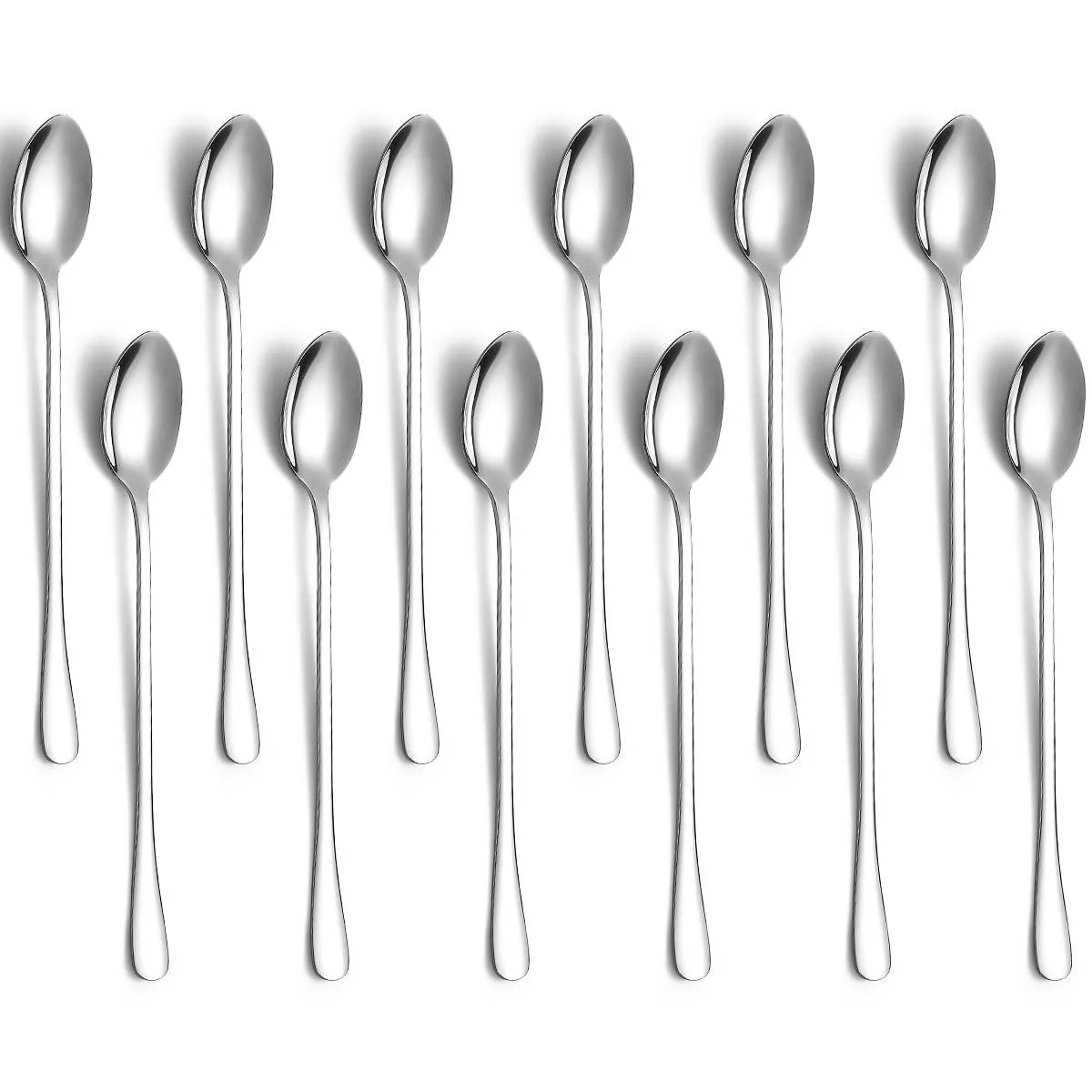 Twelve stainless steel long-handle spoons with mirror finish, 7.87 inches each