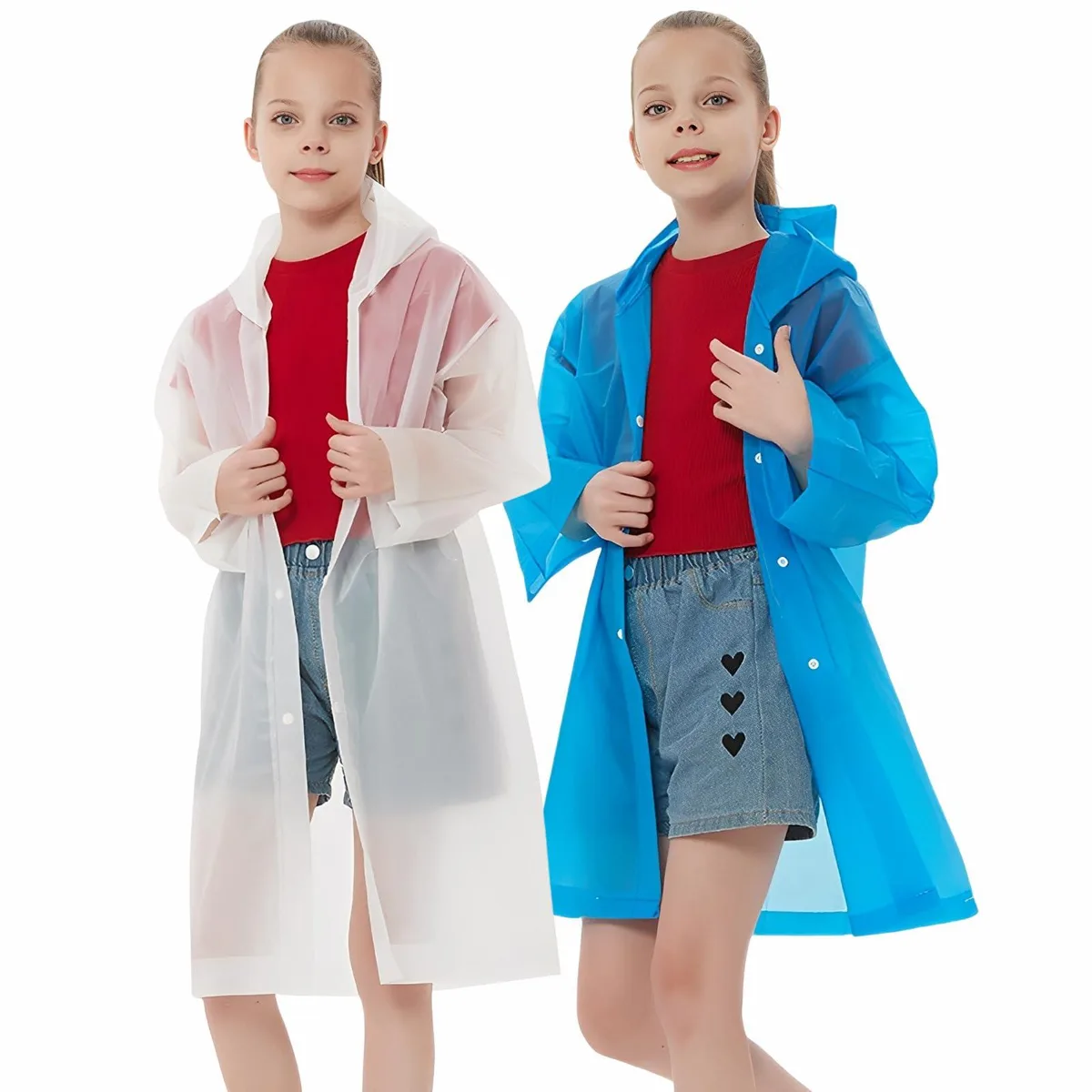  UPSEN Kids Rain Ponchos 2-Pack White Blue EVA 0.15mm 41in Chest — product photo