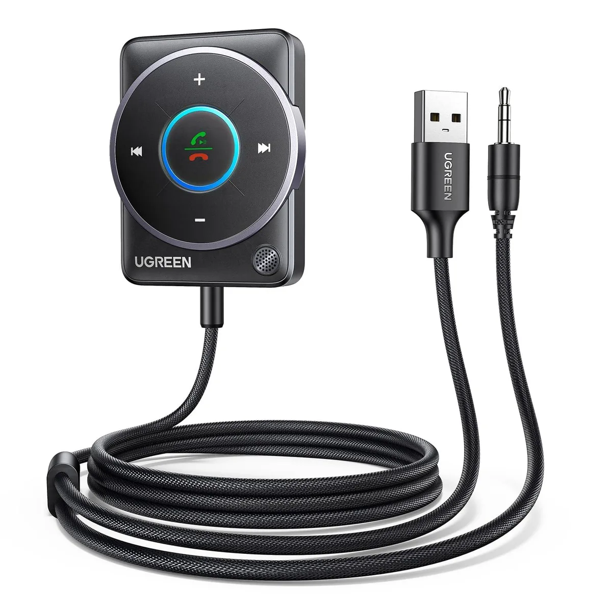 Small black Bluetooth 5.4 aux adapter with braided cable and control button
