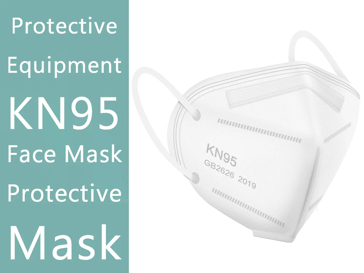 White 5-layer disposable respirator with elastic ear loops and adjustable nose bridge clip, flat stack of 200