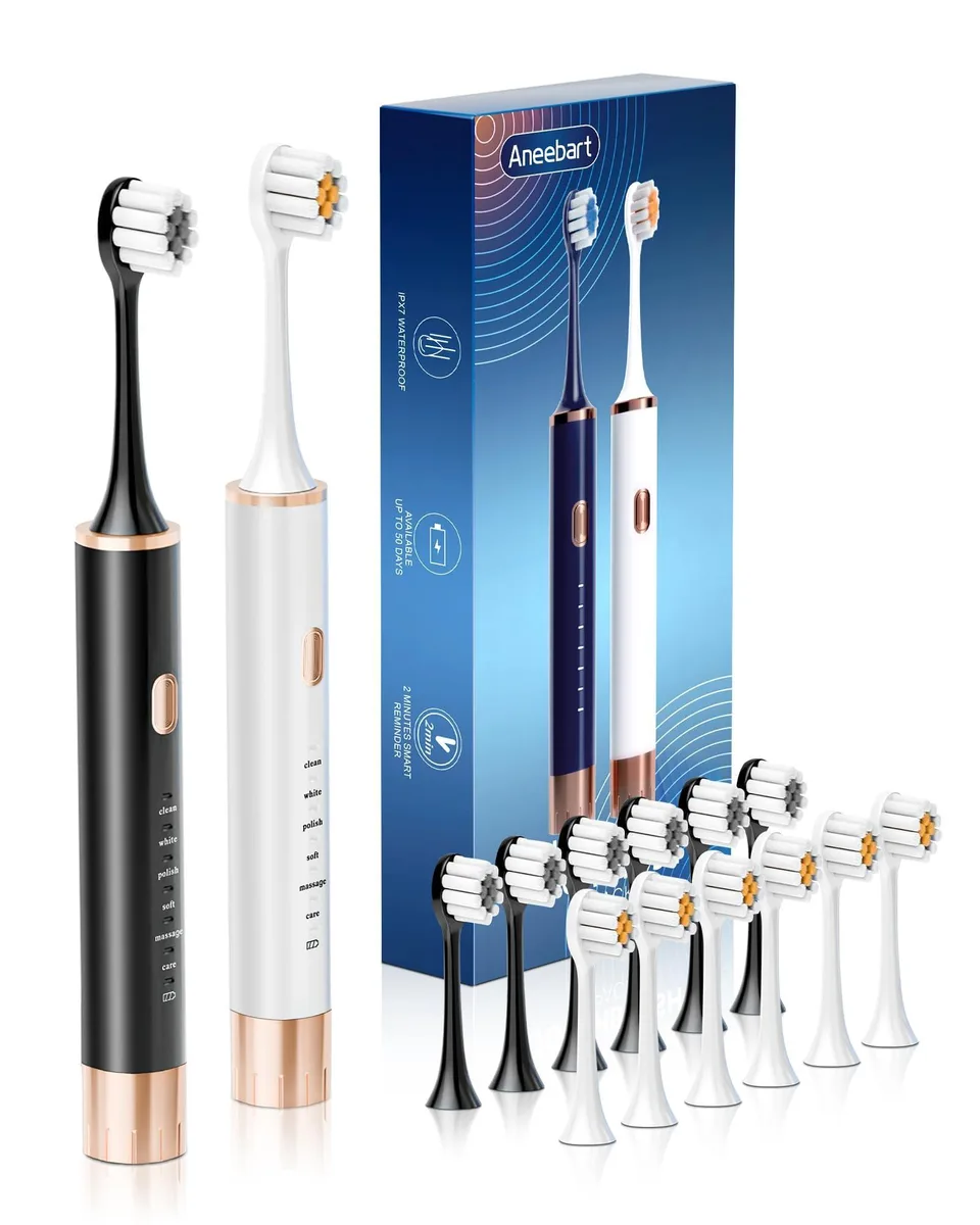 Two rechargeable sonic toothbrushes in black and white with twelve brush heads