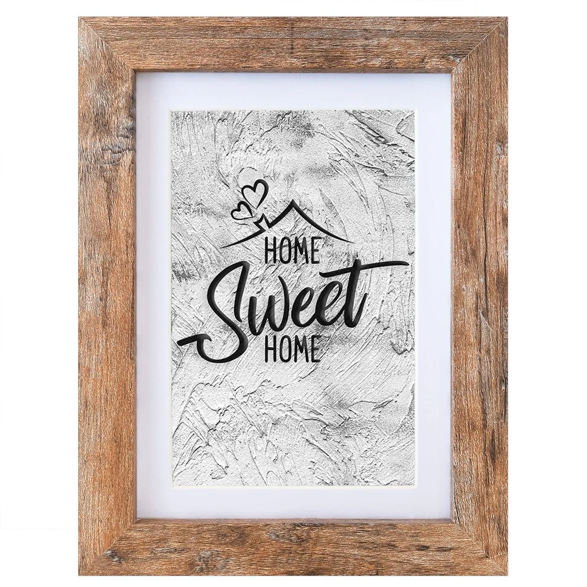 Rustic brown wood picture frame with shatterproof plexiglass, displays 5x7 or 4x6 photo with mat