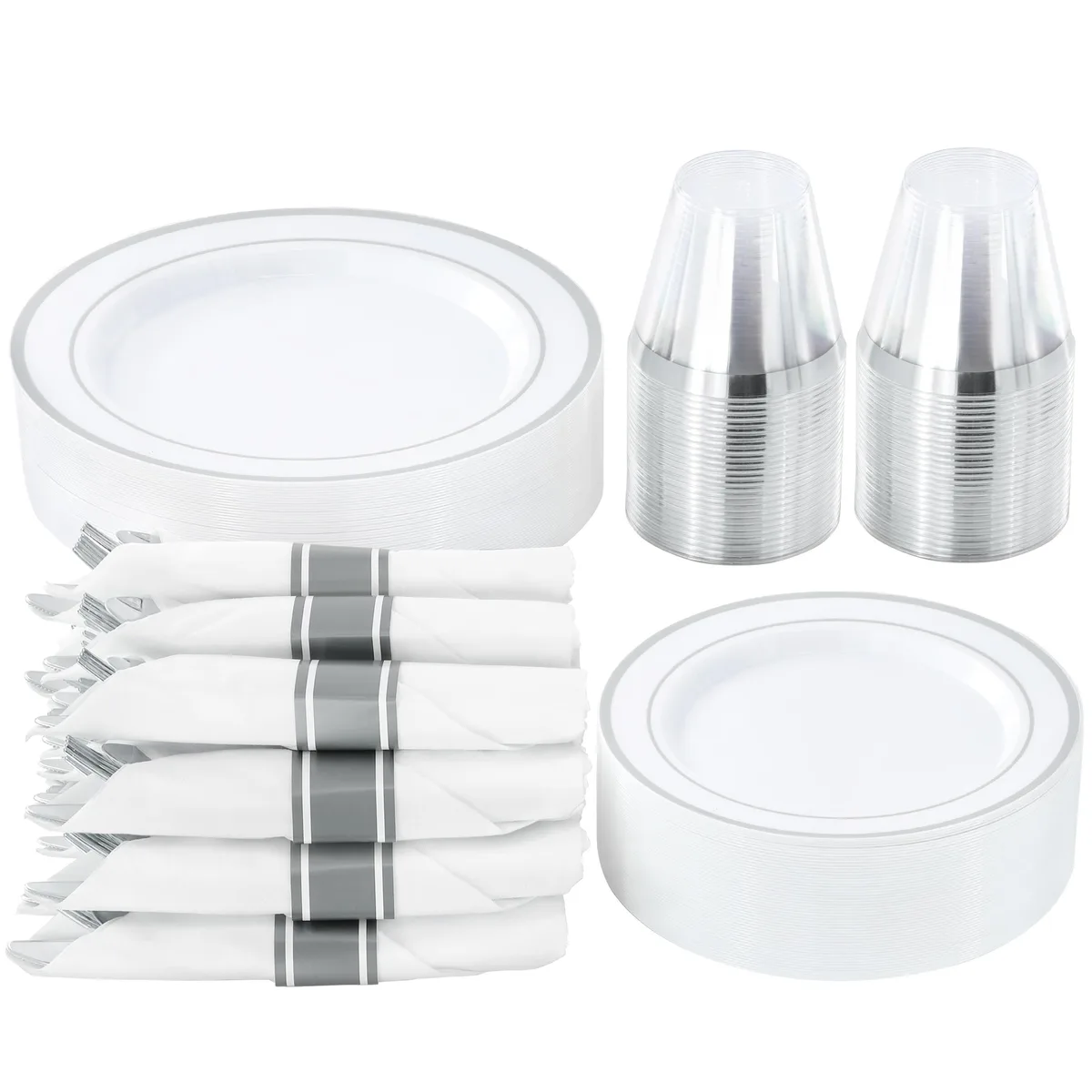 Elama Elama 350 Piece Disposable Plastic Dinnerware Set for 50 Guests White Silver Trim — product photo