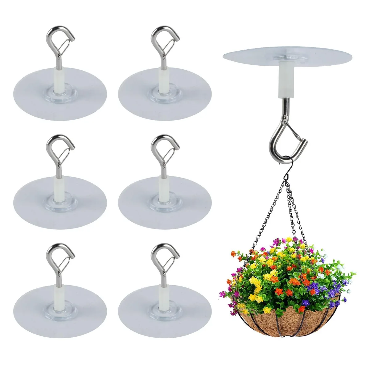 Six white plastic and metal adhesive ceiling hooks with safety latch on backing sheet