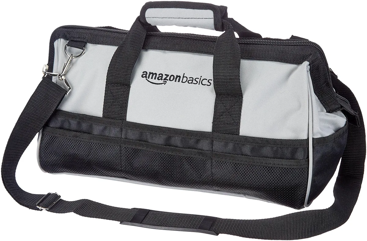 Black and grey 16 inch tool bag with 26 pockets, padded handles and adjustable shoulder strap