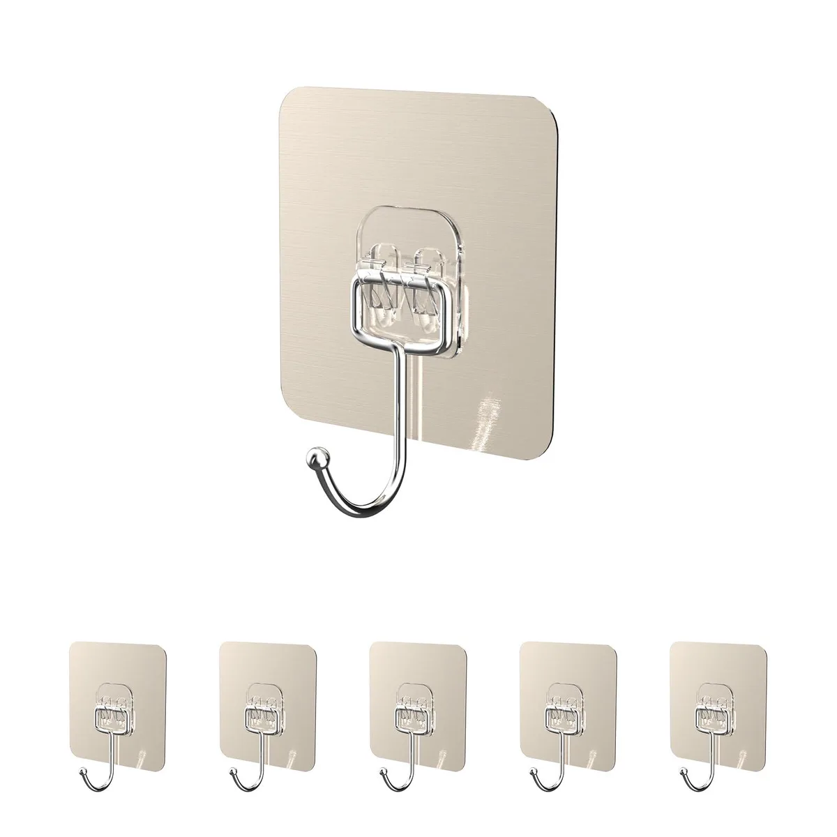 Five silver adhesive hooks in a pack, sleek metal finish, flat backs with peel-off strips