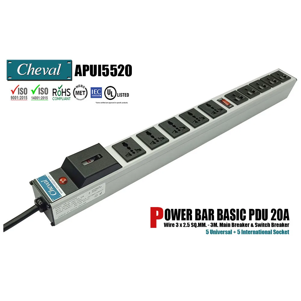 Cheval Electronic Enclosure Co.,Ltd Cheval Electronic Enclosure Co.,Ltd Arion Power Bar Basic PDU 20A 5x Universal 5x International 110VAC 13ft — product photo