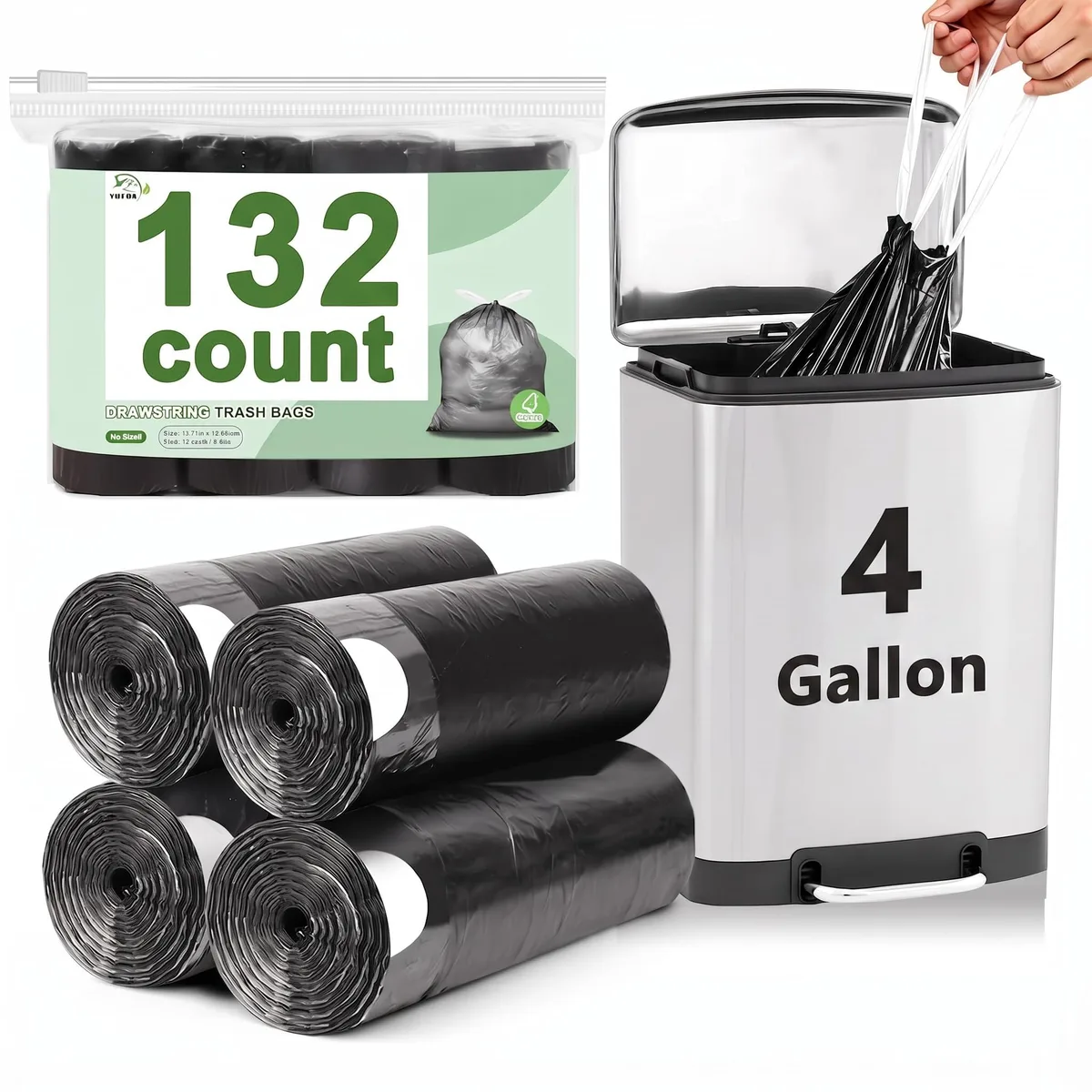 YUFDA BAG00 4 Gallon Drawstring Garbage Bags 132 Count Black — product photo