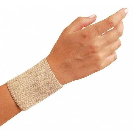 Beige elastic wraparound wrist support with hook and loop closure