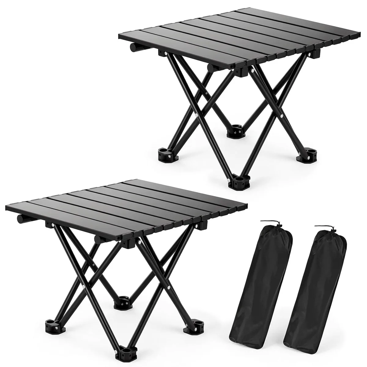 Two black rectangular folding tables with iron frames and carry bag