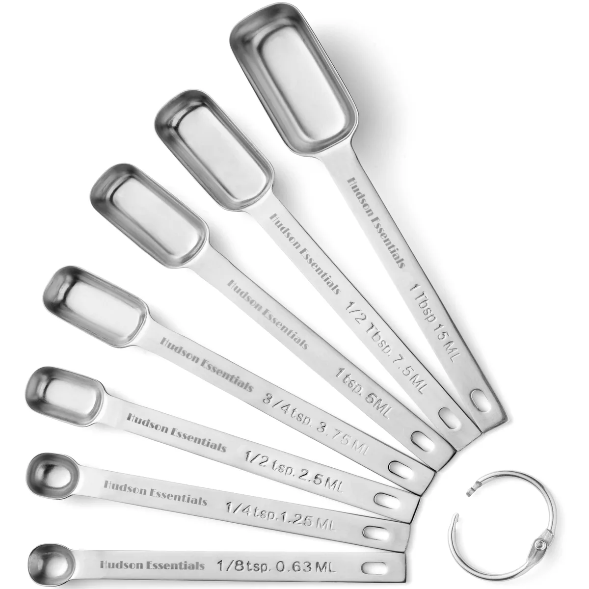 Set of seven stainless steel measuring spoons, narrow square bowls, nested together, brushed finish