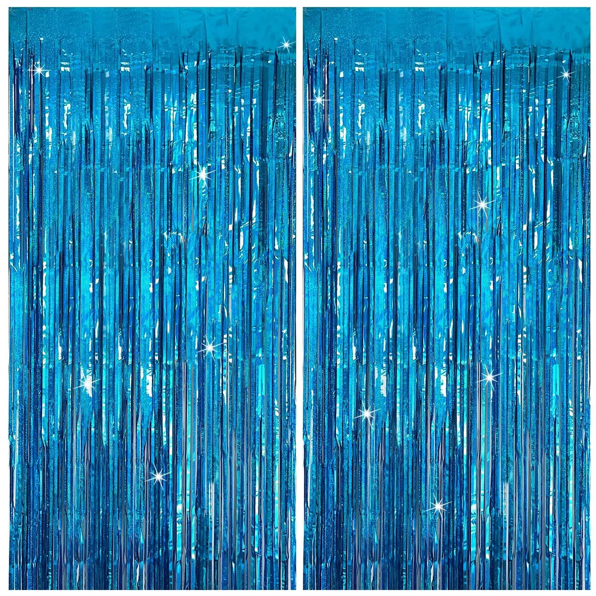 Two sky-blue tinsel foil fringe curtains, each 39 by 79 inches