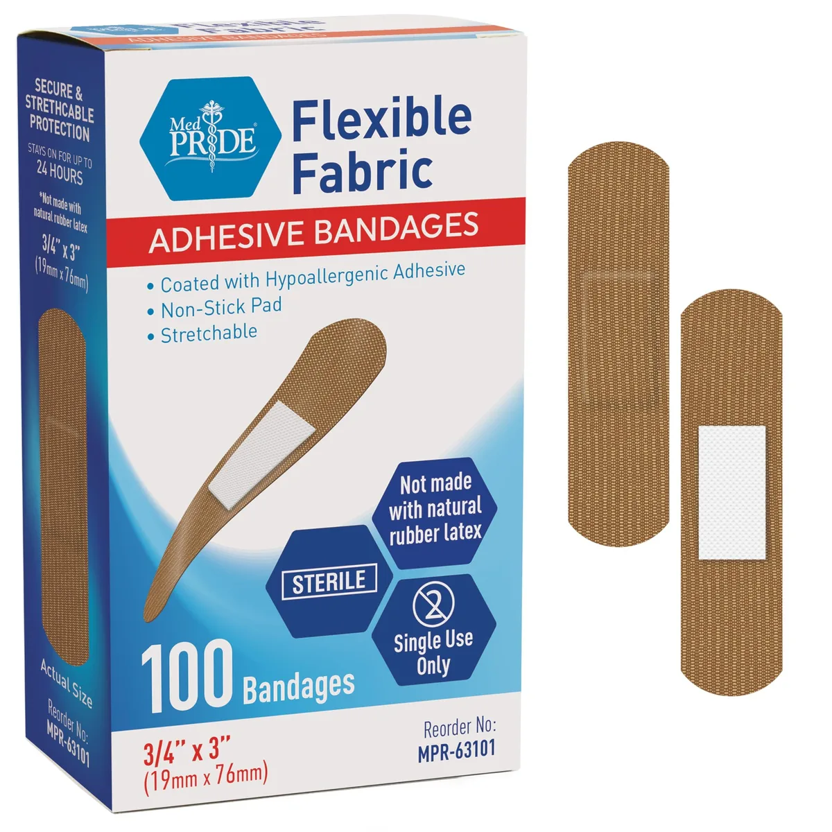 Box of one hundred fabric adhesive bandages, sterile and hypoallergenic