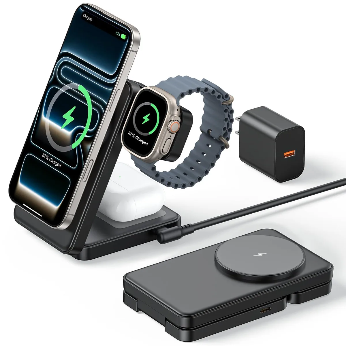 Black foldable 3-in-1 magnetic charging stand for iPhone Apple Watch and AirPods