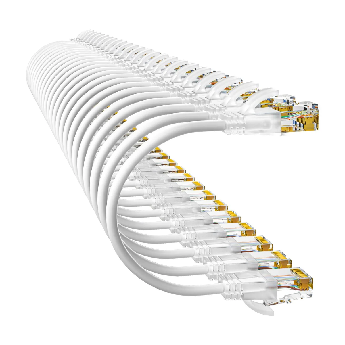 Twenty-four white ultra-slim Cat6a patch cables, each one foot long with clear snagless RJ45 boots