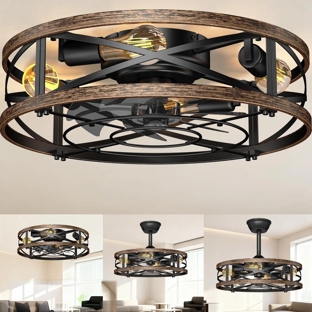 20 inch black caged ceiling fan with gold brushed frame, five transparent blades, integrated light