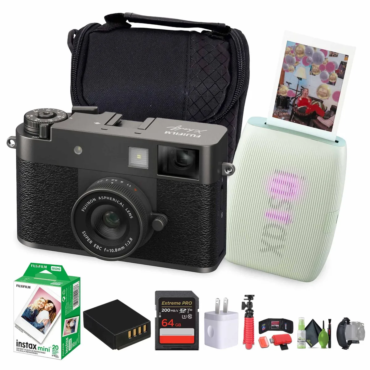 FUJIFILM FUJIFILM X half Charcoal Silver + INSTAX MINI LINK 3 Sage Green compact mirrorless camera bundle — product photo