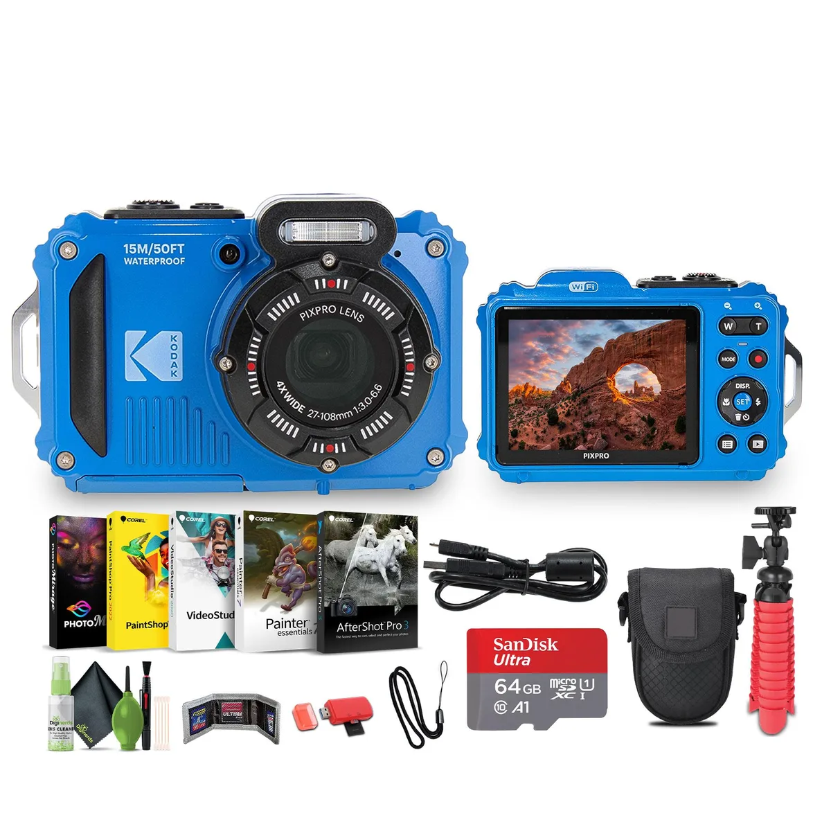 Kodak Kodak PIXPRO WPZ2 Camera Kit Blue 64GB 16.35MP 1080p 4x Zoom 49.2ft Waterproof — product photo