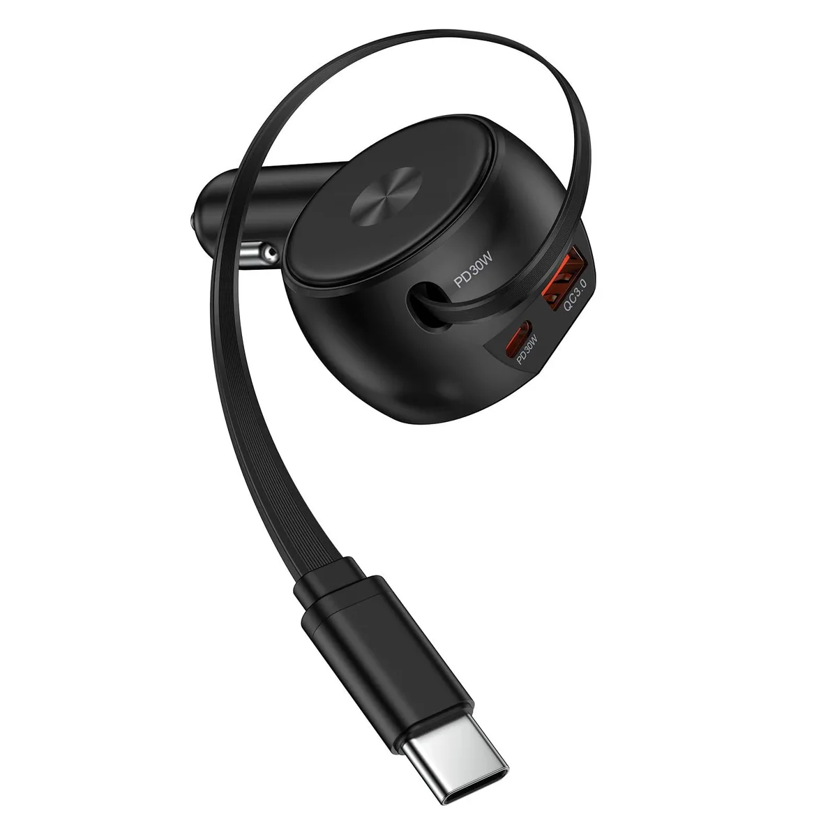 Black retractable car charger with built-in USB-C cable and two extra ports