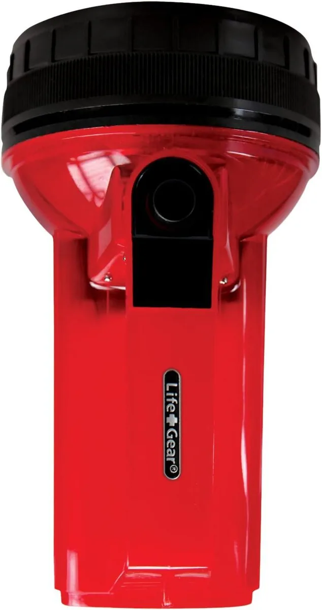 Red plastic handheld spotlight with storage compartment in handle