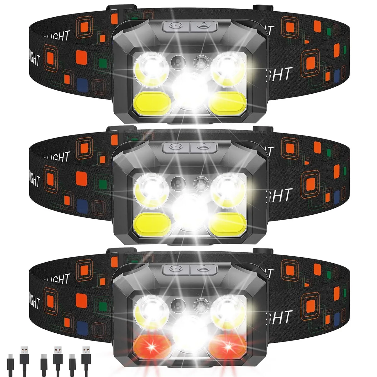 Three black rectangular headlamps with adjustable straps and USB-C ports, 73g each, 45° tilt