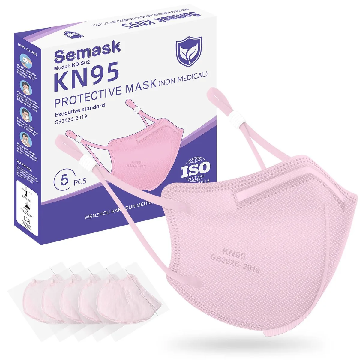 Five pink KN95 masks in a pack, each with adjustable ear loops and a nose pad