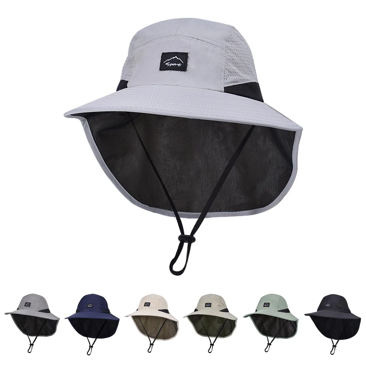 Kids Sun Hat with Neck Flap UPF 50+ UV Protection Wide Brim Breathable Lightgrey — product photo