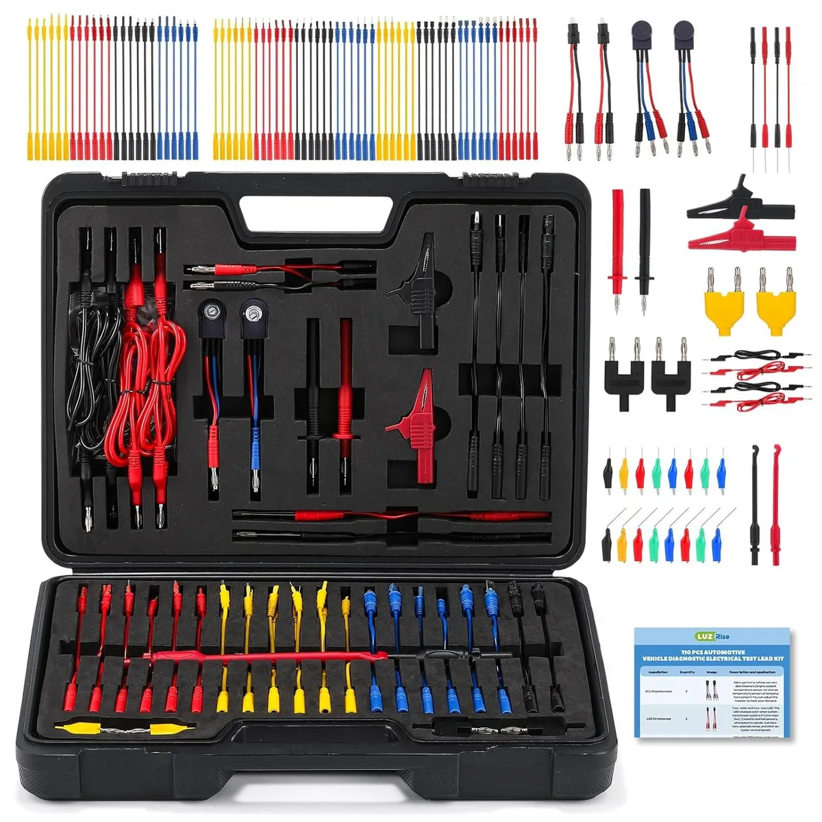 Open case showing 110-piece multimeter test kit with probes, clips and terminals