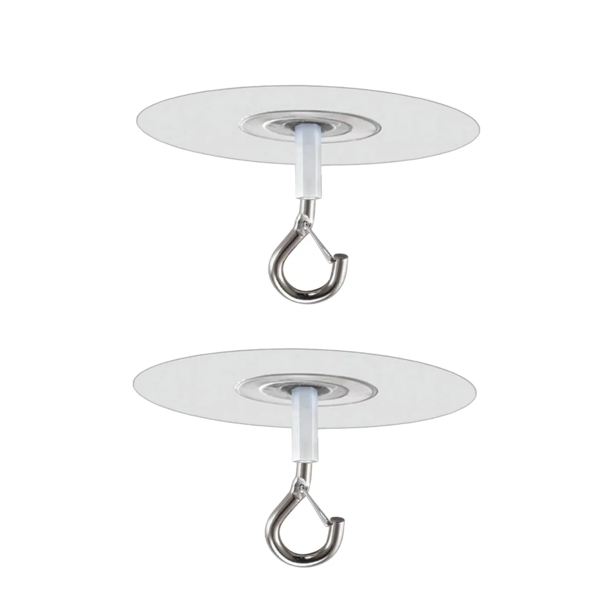 Two white adhesive ceiling hooks with safety clasp, smooth plastic finish
