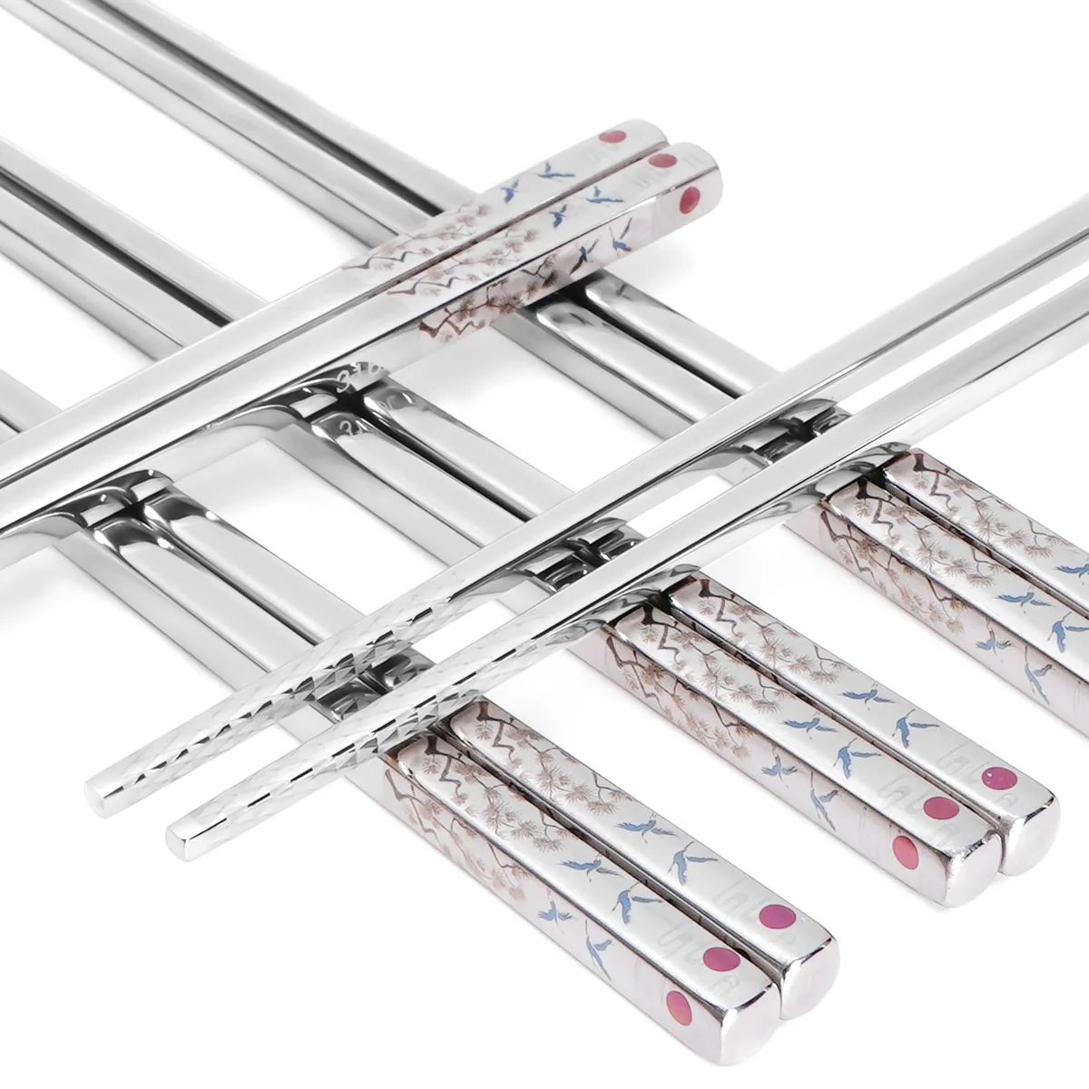 Two pairs of black 9.8-inch square stainless-steel chopsticks with laser-etched coloured patterns and non-slip tips
