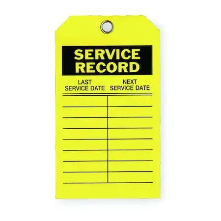 Yellow rectangular polyester service tags, ten pack, 7 by 4 inches, metal grommets, cable ties attached