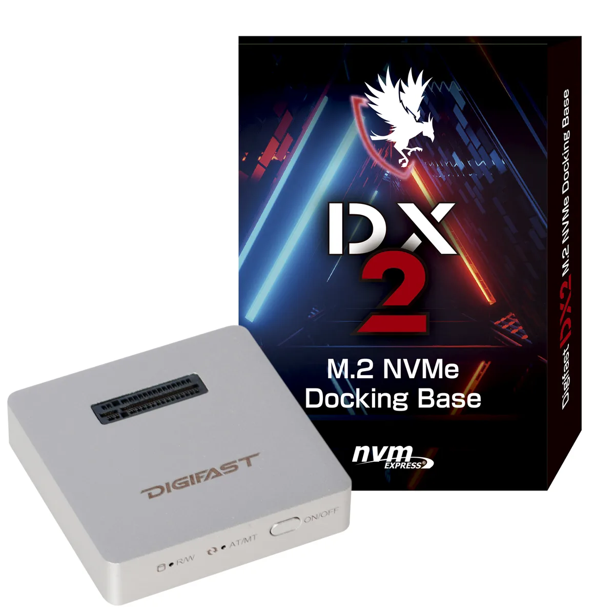 Silver aluminum M.2 NVMe docking base with USB-C cable