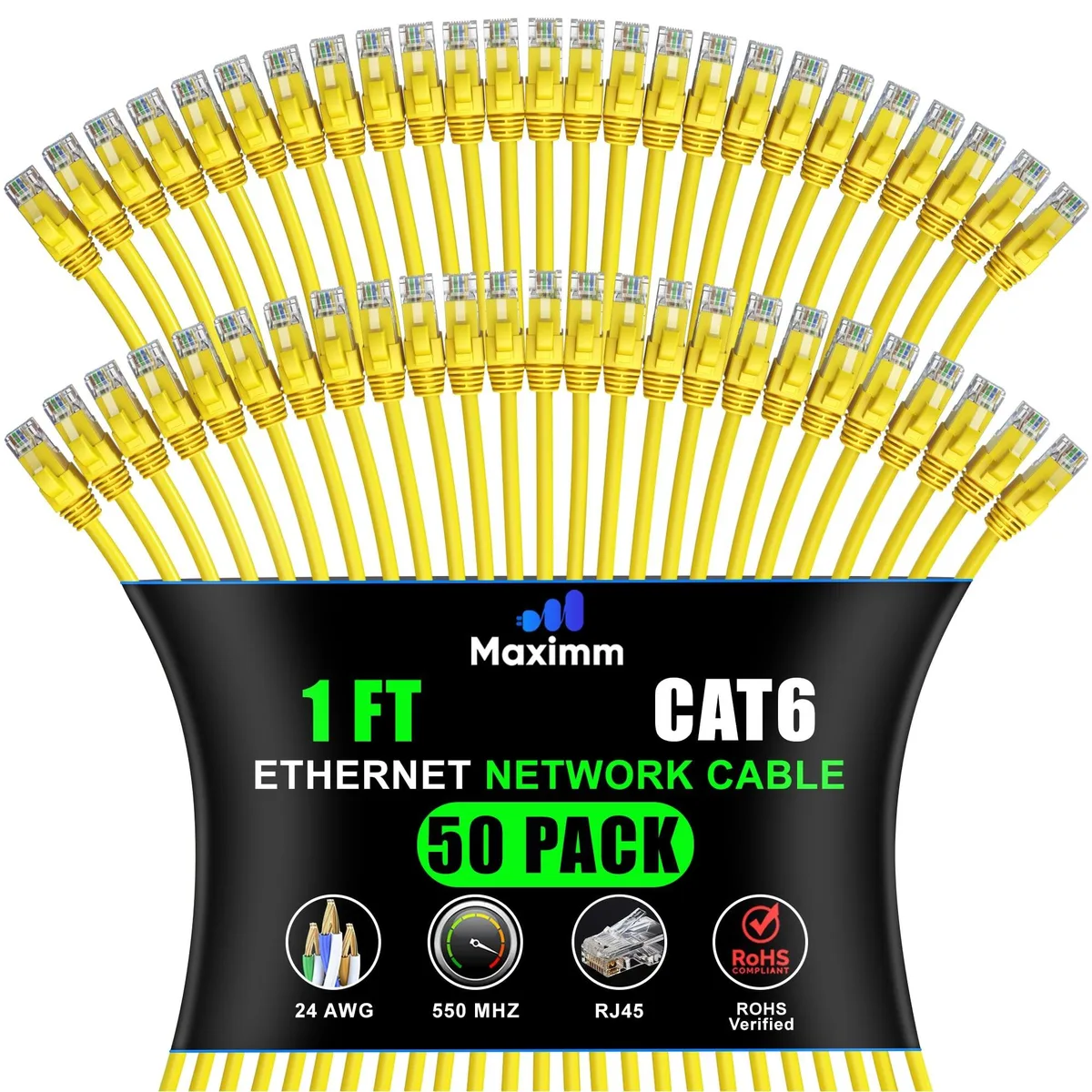 maximm maximm Cat 6 Ethernet Cable 1 ft 50-Pack Yellow 2 in 1 accessory — product photo