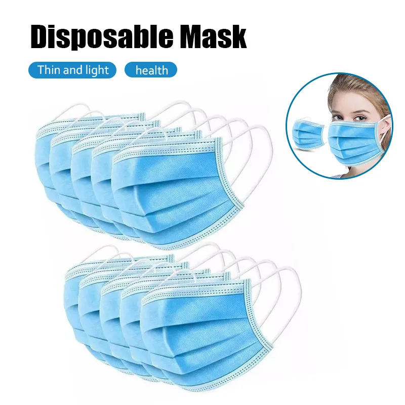 Box of fifty blue disposable three-ply face masks with earloops