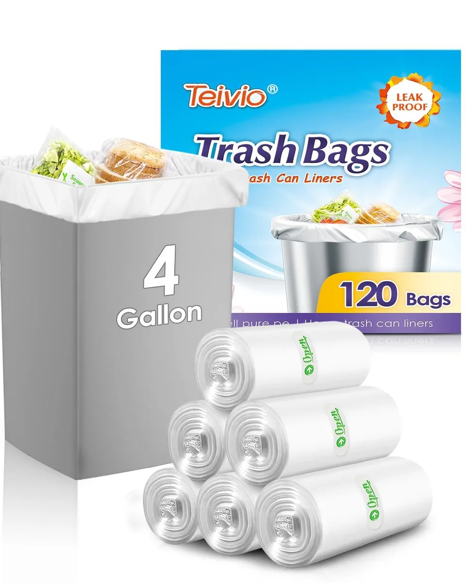 Clear plastic garbage bags on roll, 120 count, 4 gallon size