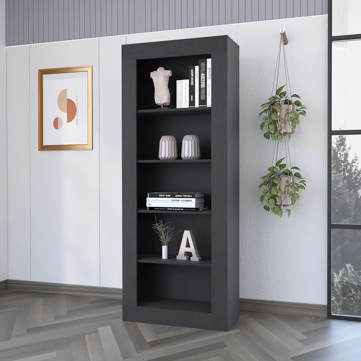 Black freestanding bookcase with five open shelves