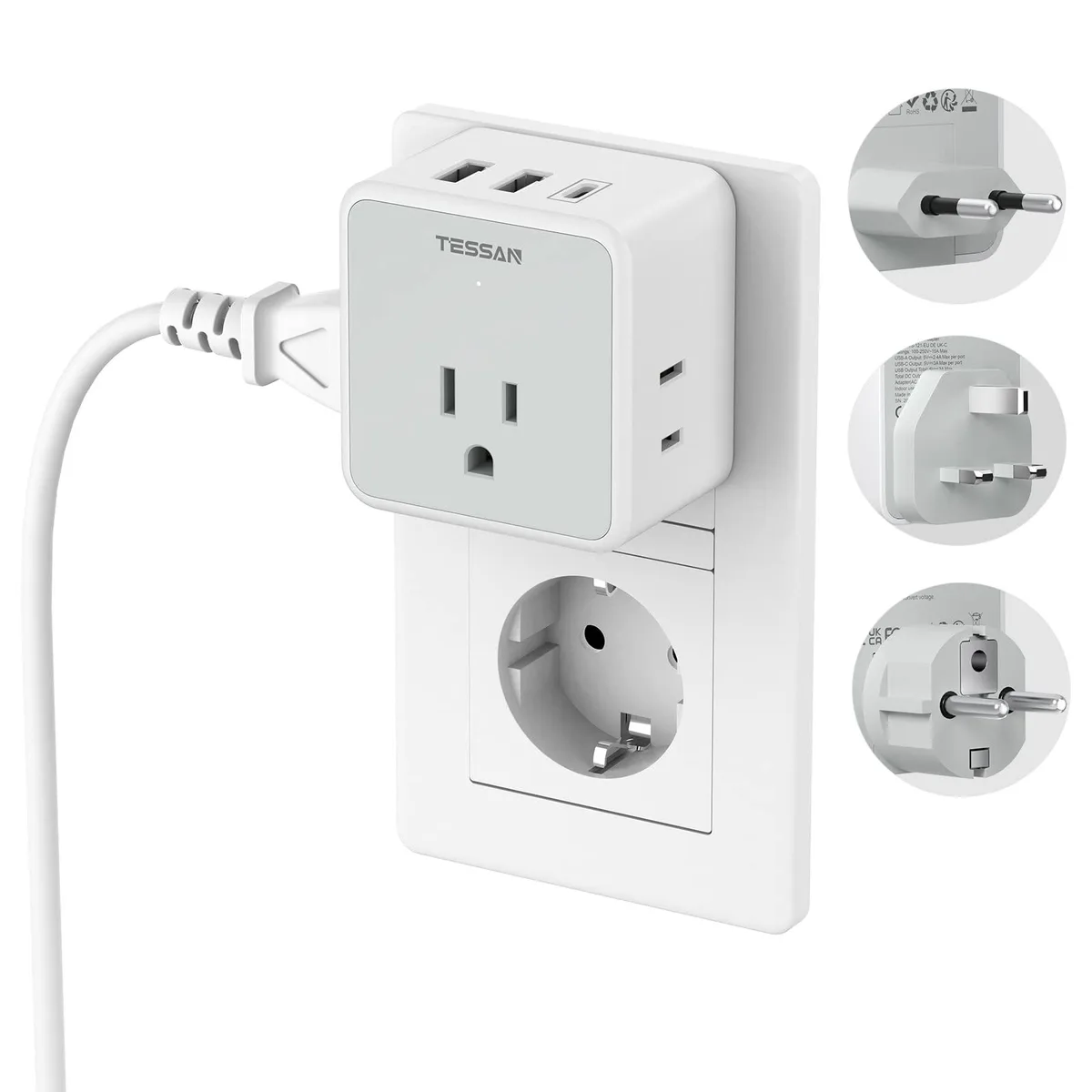 TESSAN TS-121-EUDEUK-C 6-in-1 EU/UK Travel Adapter Kit 3 AC 3 USB 1 USB-C 2.4A 3750W — product photo