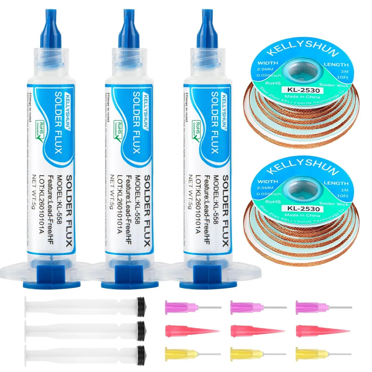  KL-558 Soldering Flux Paste and Desoldering Wick Kit — product photo