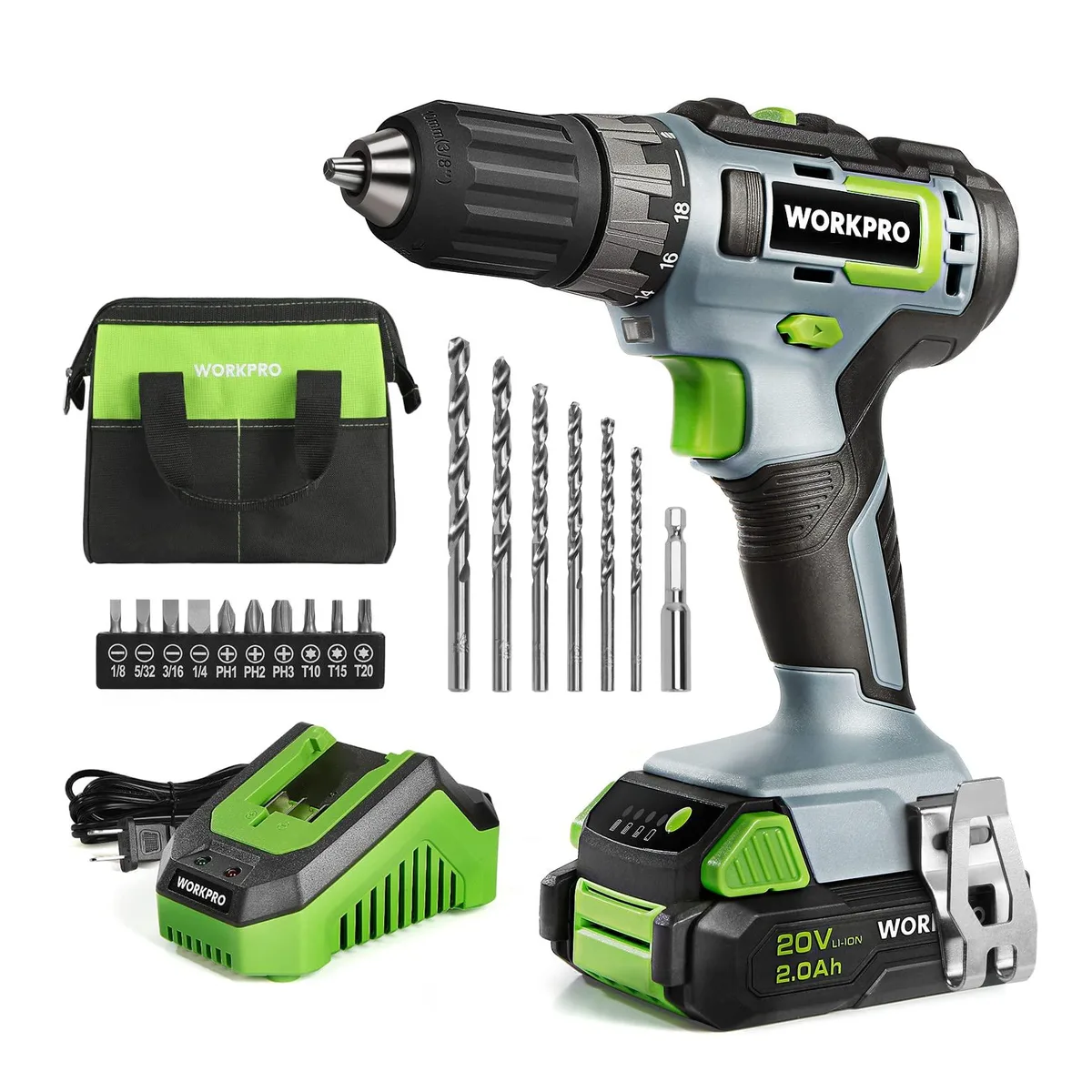 Yellow cordless drill driver kit with 3/8 inch keyless chuck, 2.0 Ah battery, charger and green storage bag