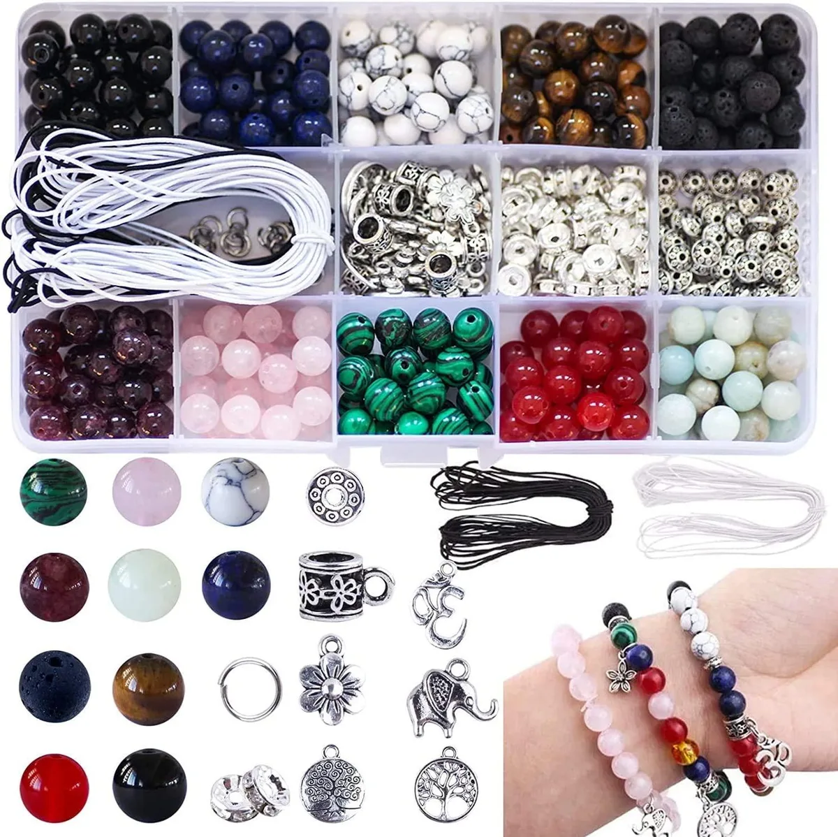 Clear plastic box holding 418 assorted stone and spacer beads in multiple colours