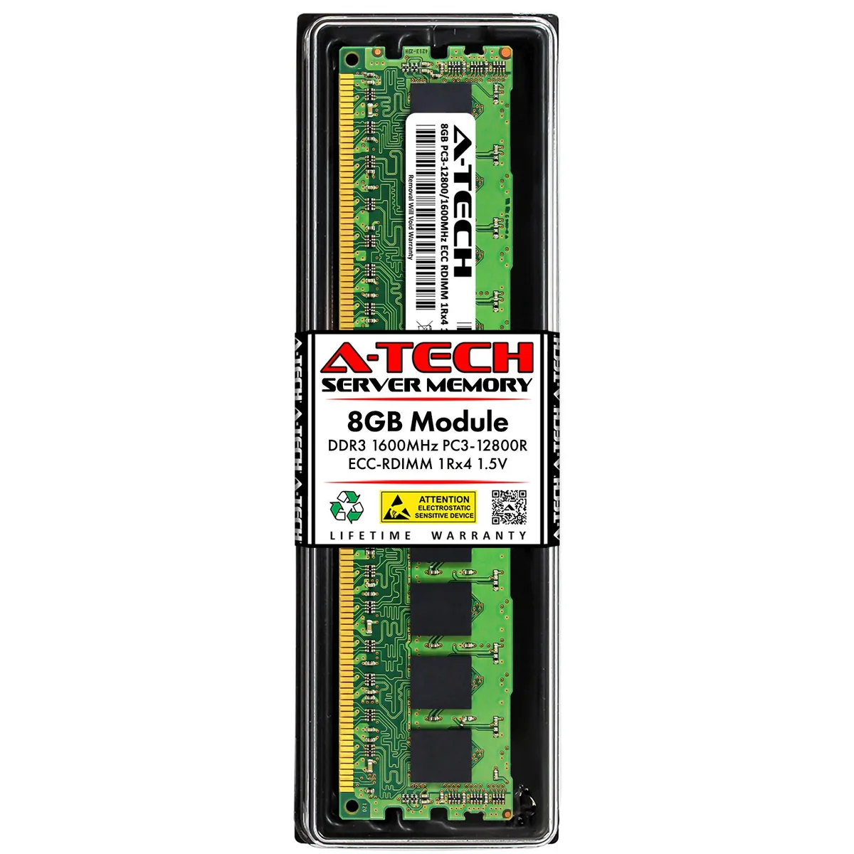 Green 240-pin DDR3 RDIMM module with black memory chips and gold edge connectors