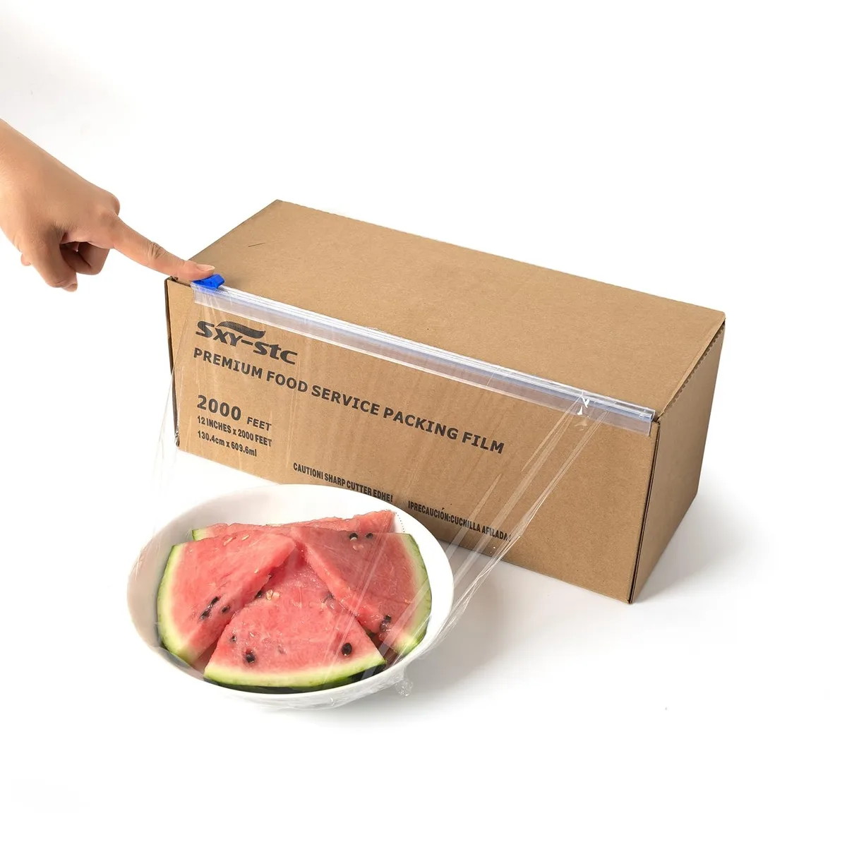 Four clear plastic wrap rolls with slide cutters in a box