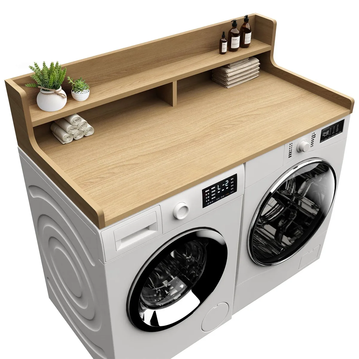 Oak two-tier washer dryer topper with arc-edged upper shelf, dark finish