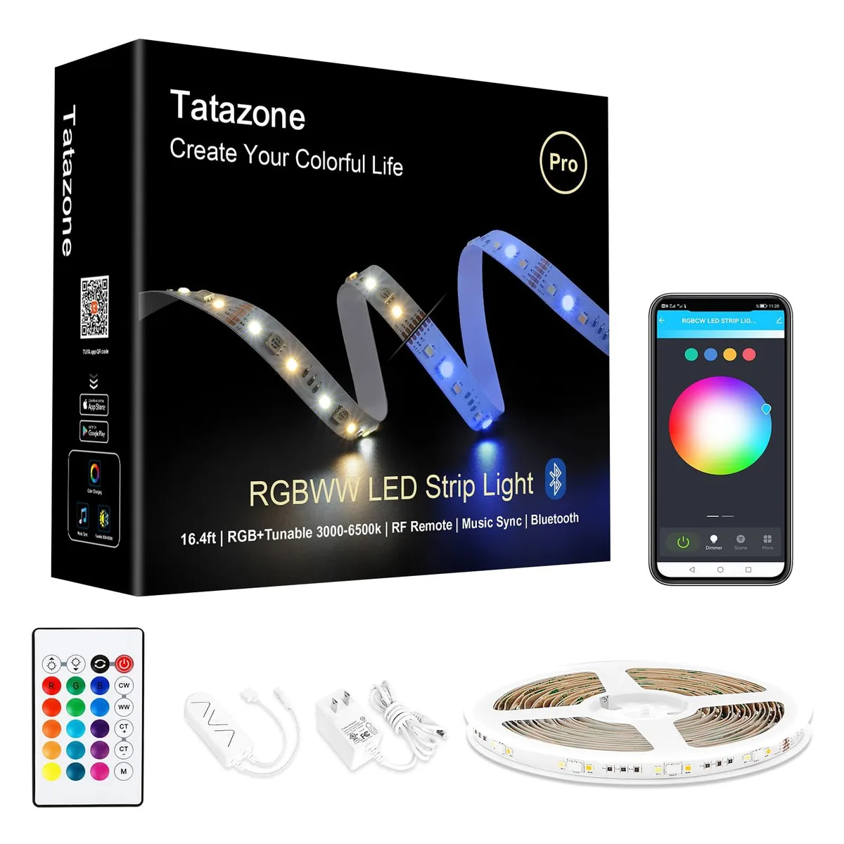 A 16.4ft flexible LED strip on a reel, vinyl finish, with adhesive backing and a small inline controller