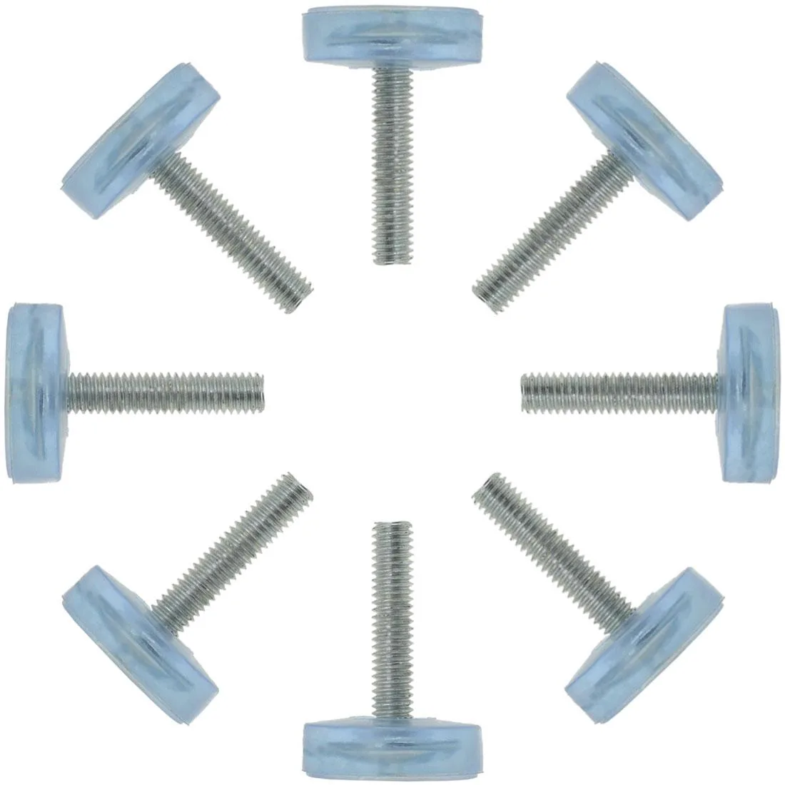 Eight black plastic leveling feet with threaded metal stems