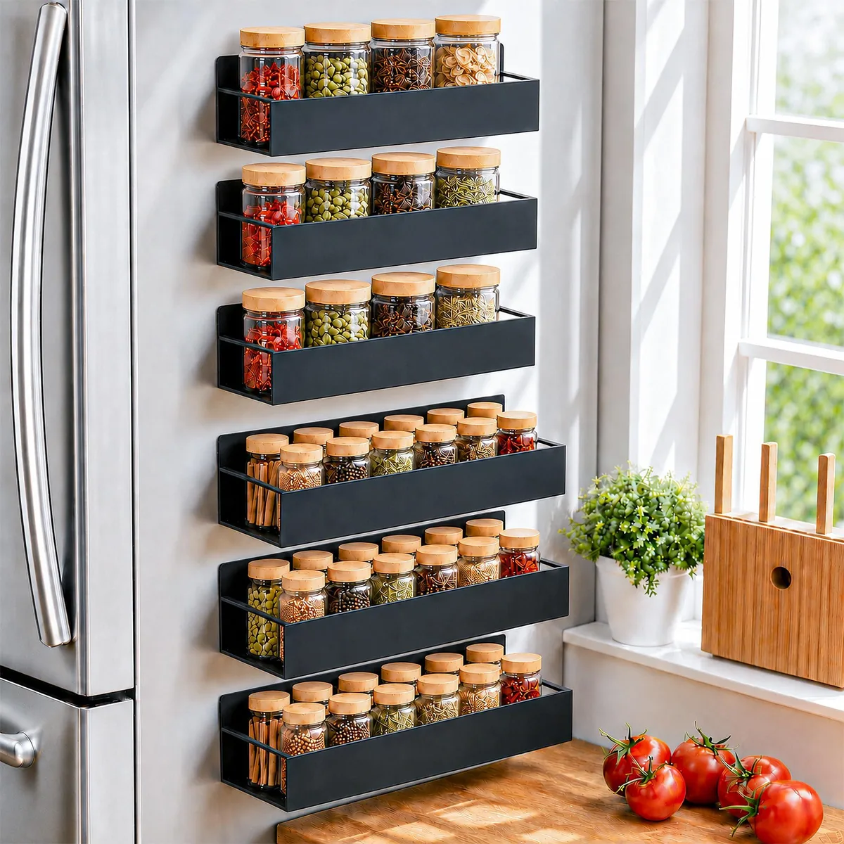 Six red round two-tier magnetic spice shelves 34 inches