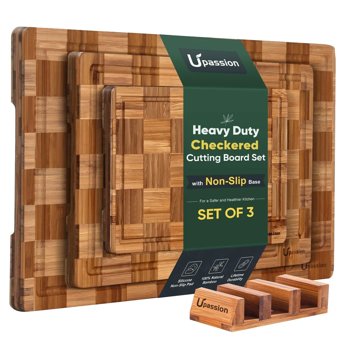 Three rectangular bamboo cutting boards with juice grooves and rubber feet, natural finish