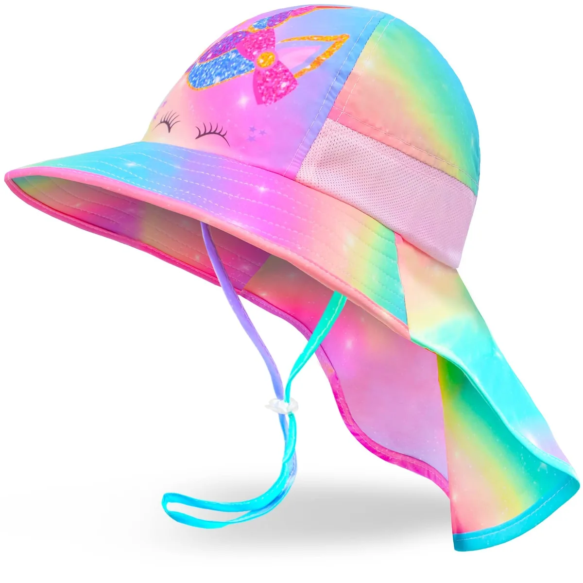  Kids Sun Hat UV Protection Unicorn Wide Brim Neck Flap Ponytail Hole Black UPF 50+ 18-22 — product photo