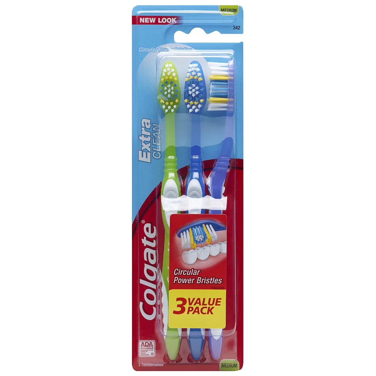 Three medium-bristle manual toothbrushes with tongue scrapers, assorted colours