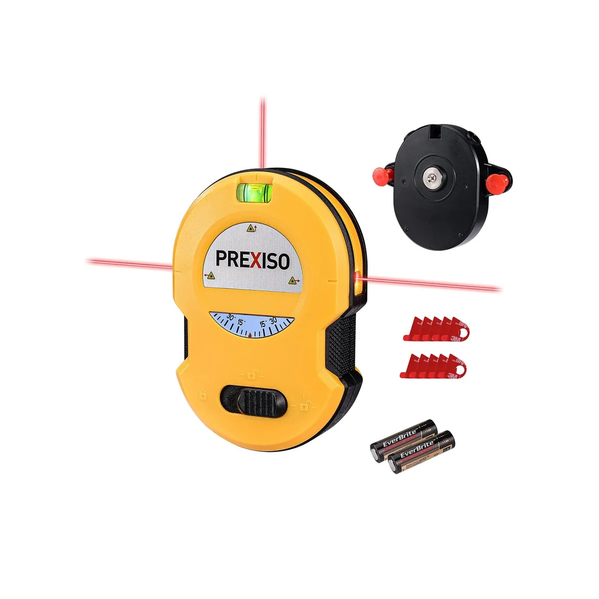Compact laser level with wall mount base, LED bubble vials and angle dial